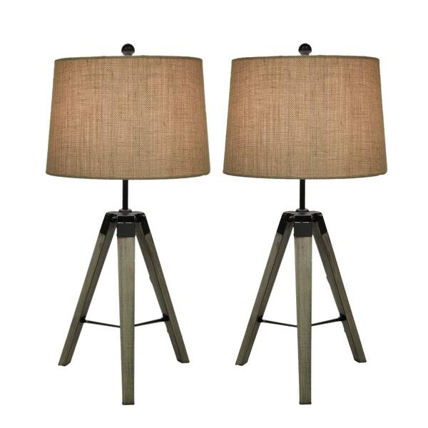 Shop Rustic Whitewashed Wood Tripod Set Of 2 Table Lamps With Burlap Shade Off White Overstock 18829082