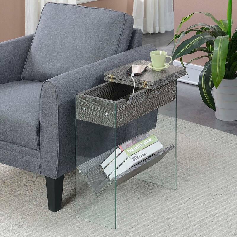 Convenience Concepts SoHo Glass Flip Top End Table with Charging Station and Shelf - Weathered Grey/Glass