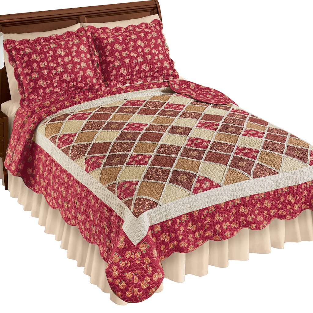 Marlowe Burgundy Floral Ruffle Patch Reversible Quilt