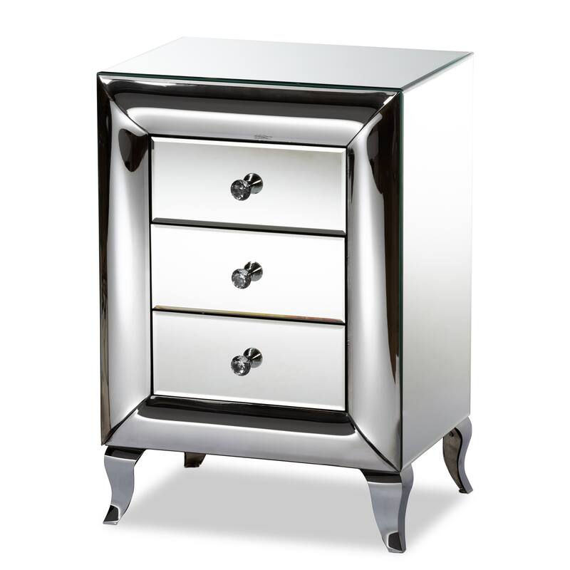 Mirrored Nightstand 3 Drawer Bedside Table Cabriole Legs Crystal Knobs 26" High