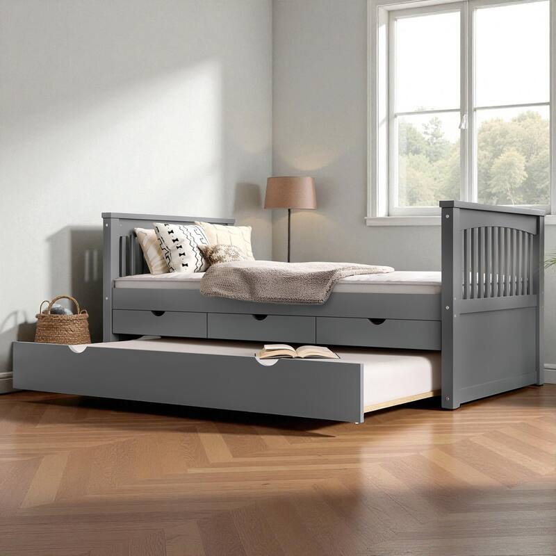 Twin Solid Wood Platform Bed with Drawers and Trundle, Space-Saving Daybed Frame with Storage, No Box Spring Needed