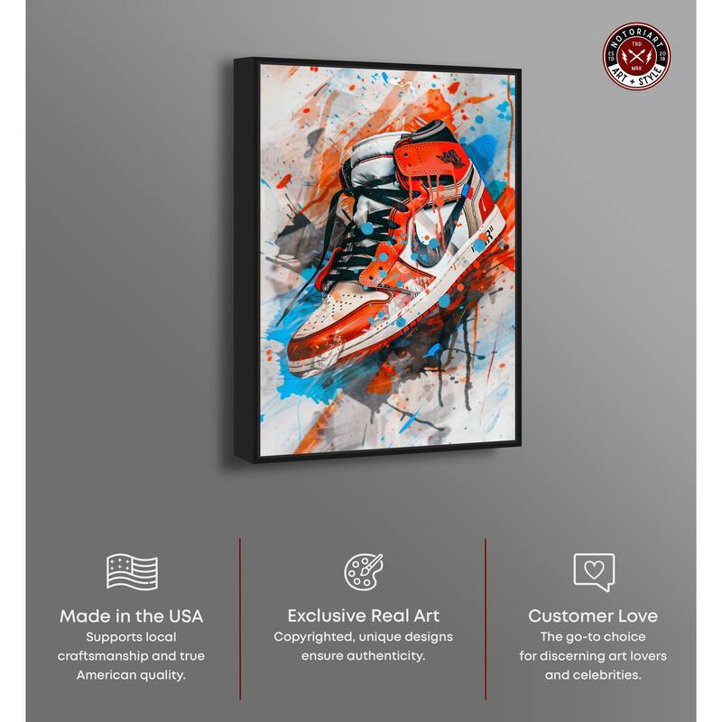 Notoriart Colorful Splatter Sneaker Framed Sneaker 1 Piece Canvas Wall Art