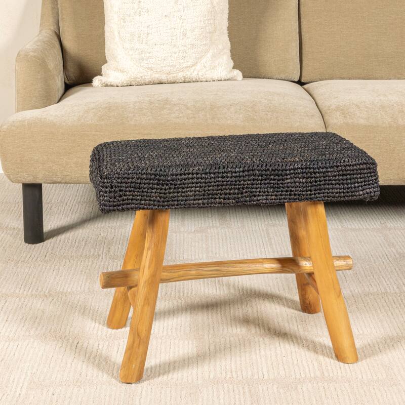 Woven Mendong and Teakwood Stool