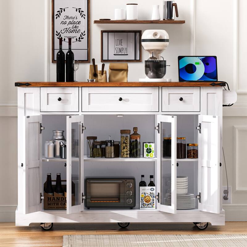 Rolling Kitchen Island with Two Tempered Glass Cabinet Doors & 3 Drawers, Kitchen Cart with Drop Leaf & 5 Open Side Racks