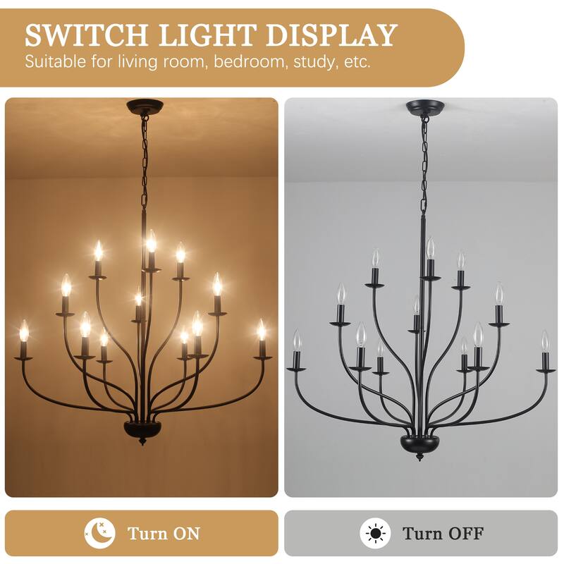 12-Light Candlestick Hanging Linear Chandelier Lighting 3-Tier Ceiling Light Fixture for Kitchen Island