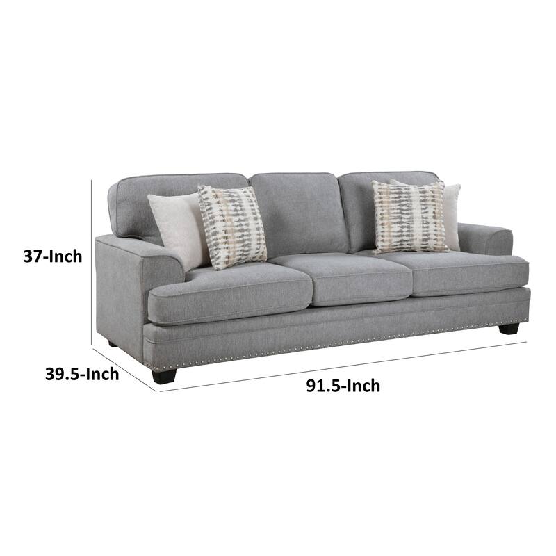 Brady Sofa with 4 Pillows, Gray Chenille, Nailhead Trim, 92 Inch