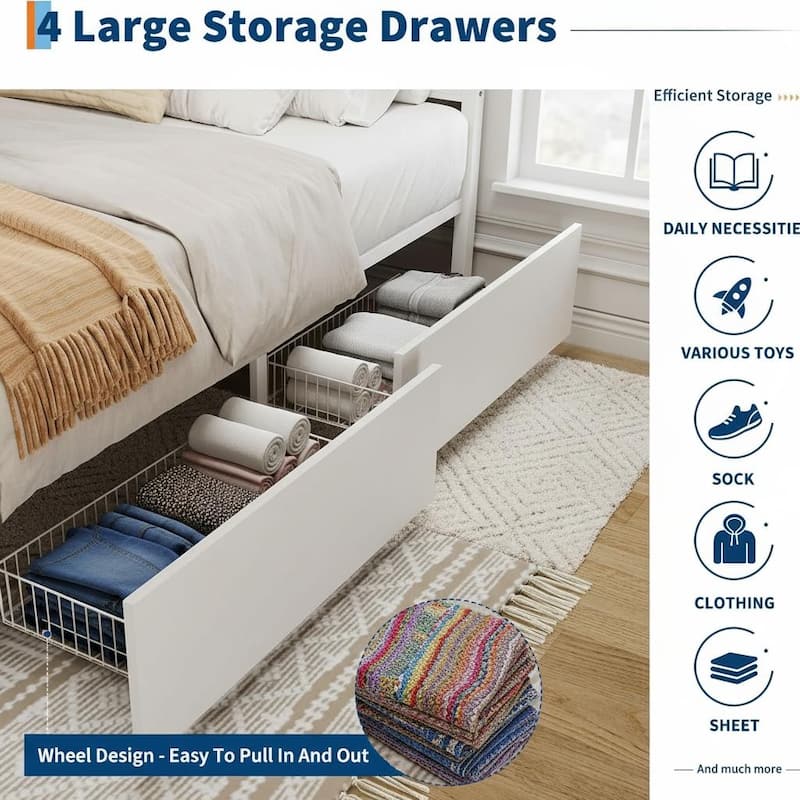 Rattan Bed Frame with Headboard, with 4 Drawers