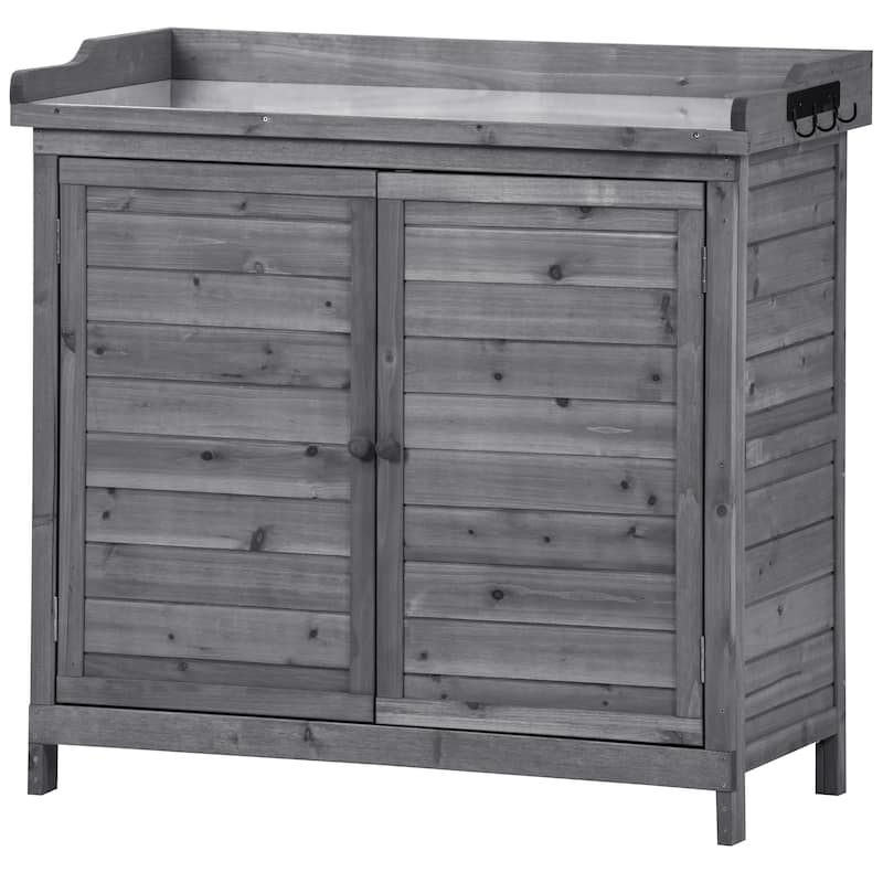 Outdoor 39" Potting Bench Table, Rustic Garden Workstation Storage Cabinet Garden Shed with 2-Tier Shelves and Side Hook
