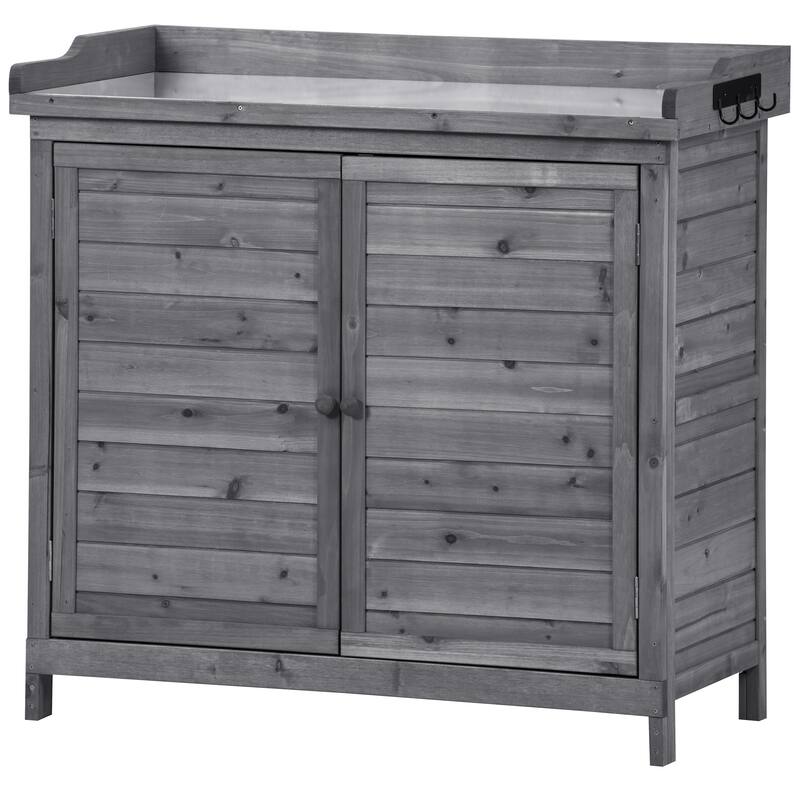 Roomfitters 39" Outdoor Potting Bench Table, Rustic Garden Workstation with 2-Tier Shelves and Side Hook