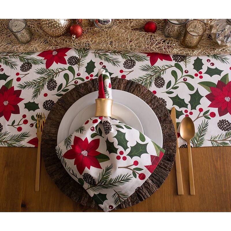 72" Off White Red Woodland Poinsettias Printed Christmas Table Runner