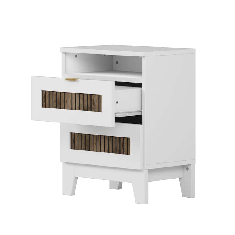 2-Drawer Farmhouse Wooden Nightstand with Wooden Strip Stickers Decoration & Metal Handle, Wood Side Table with Storage Cabinet