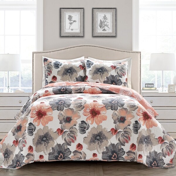 Levine Grey and Yellow Floral 3-piece Quilt Set. Opens flyout.