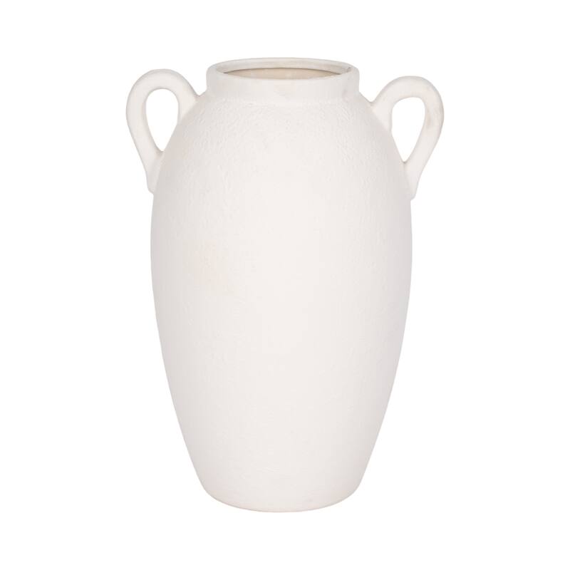 Neutral Ceramic Textured Amphora Jug with Handles Vase - White
