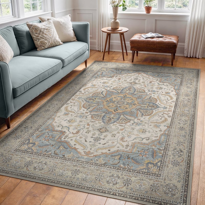 Mcow Botanical Collection Low-Pile Machine-Washable Non-Slip Area Rug - 8' x 10' - Beige - Rectangle