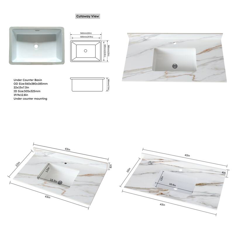 43" Bathroom Marble Undermount Vanity Top with 4" Height Backsplash