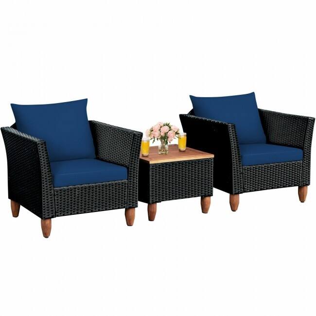 3 Pcs Outdoor Patio Rattan Furniture Set Wooden Table Top Cushioned Sofa - 29" x 27" x 28" (L x W x H)