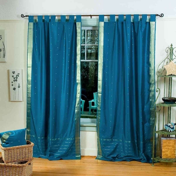 Turquoise Tab Top Sheer Sari Curtain / Drape / Panel - Pair. Opens flyout.
