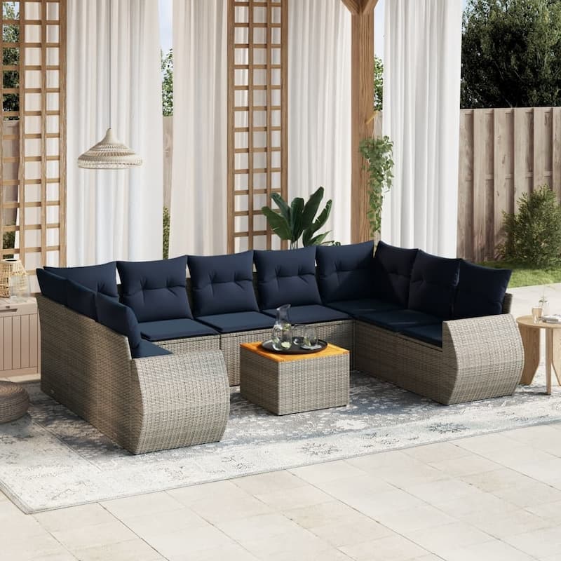 vidaXL 10 Piece Patio Sofa Set with Cushions Gray Poly Rattan - 113.89x33.5x73.6