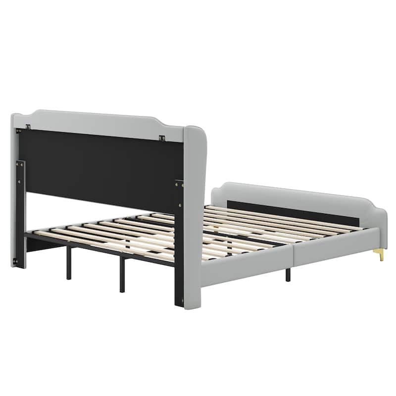 King/Queen Upholstered Bed Frame with Wingback Headboard and Footboard, Platform Base, Solid Wood Support