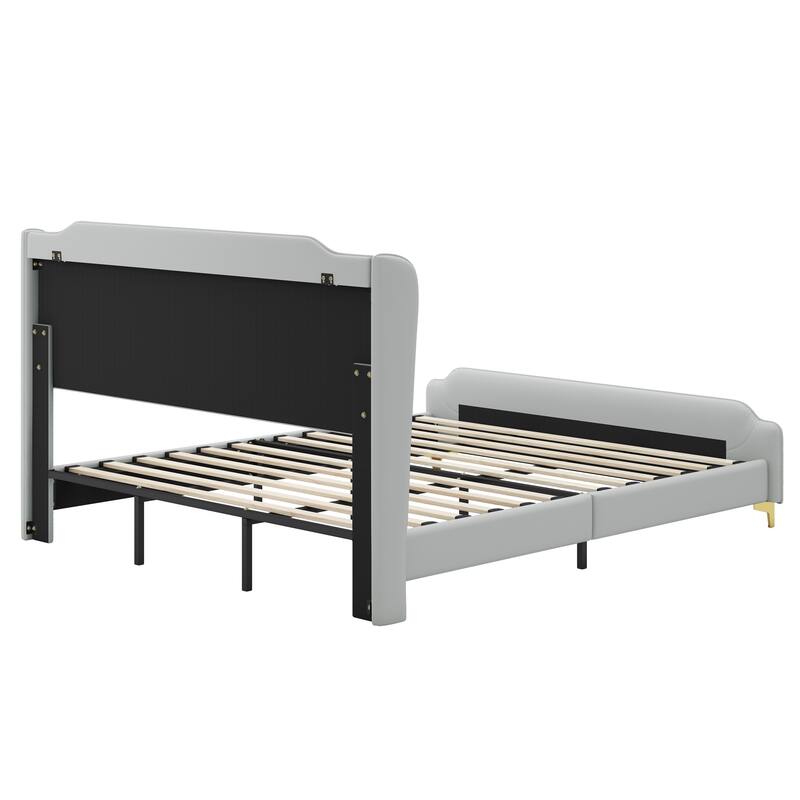 King Size PU Upholstered Platform bed with Wingback Headboard And Footboard