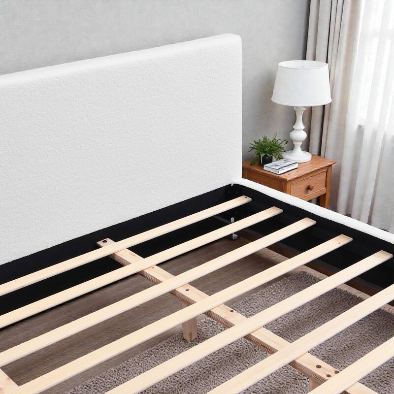 White Fabric Upholstered Bed with Boucle Headboard and Solid Wood Grain Base Frame, No Box Spring Needed