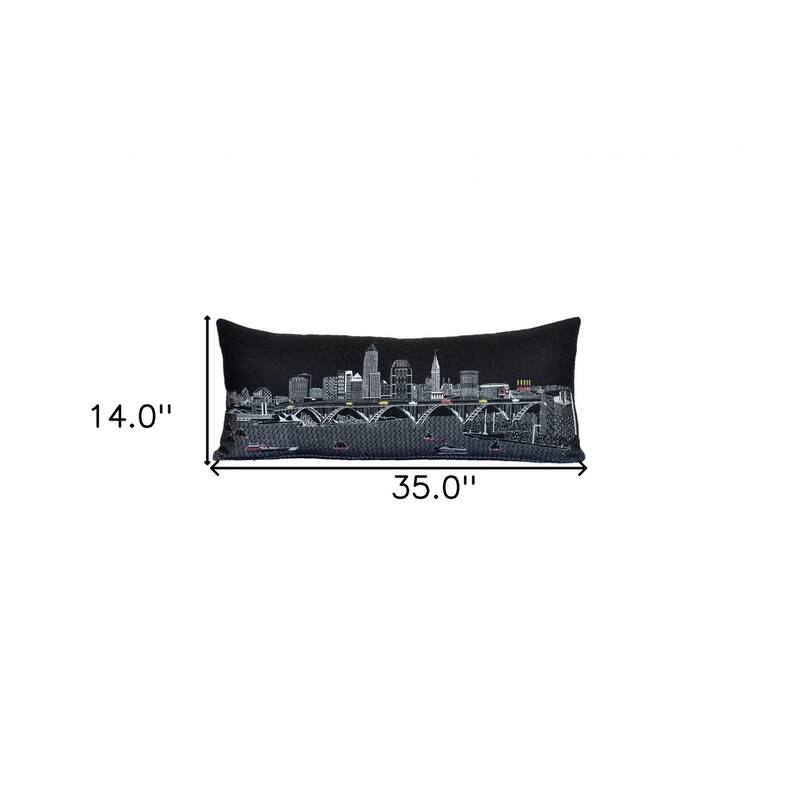 HomeRoots 35" Black Cleveland Nighttime Skyline Lumbar Decorative Pillow