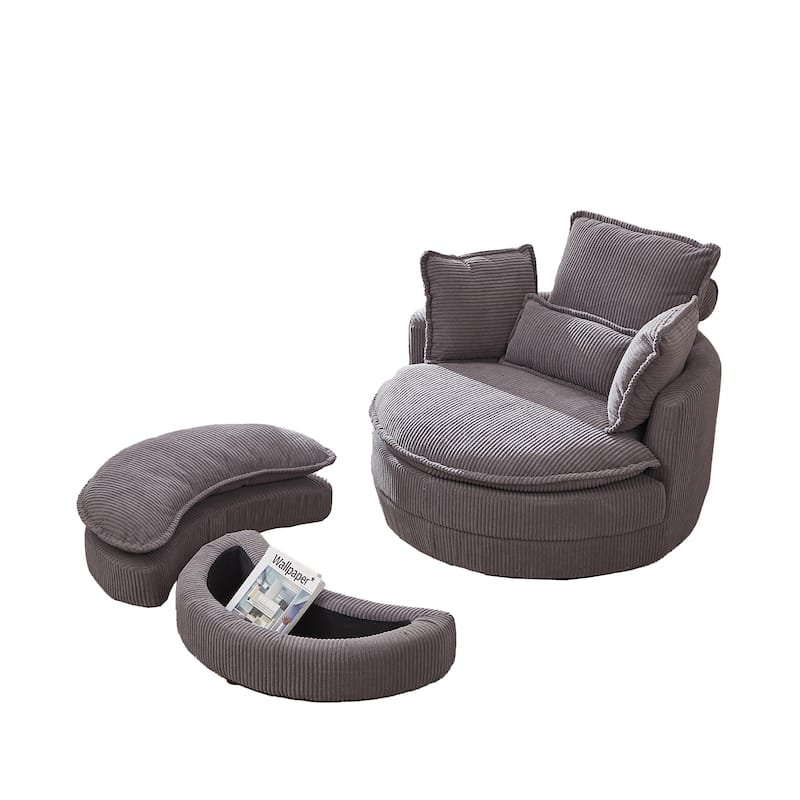 52" Upholstered Swivel Barrel Chair with Moon Storage Ottoman