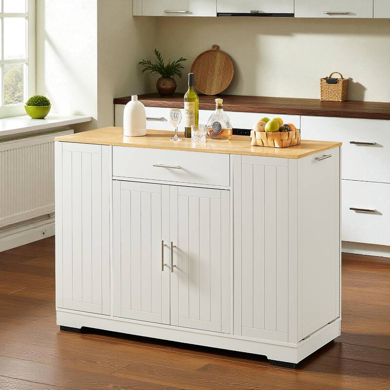53" Modern Farmhouse Kitchen Island with Drawer, Tilt-Out Trash Can Storage, Adjustable Shelves & Spice Rack for Kitchen - White