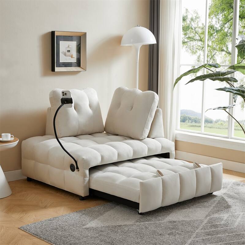Velvet Pull Out Sofa with Removable Backrest,USB Port and Phone Stand