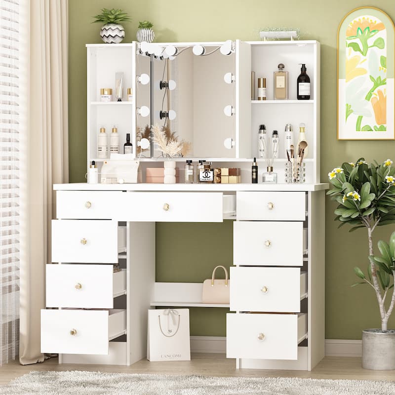White Makeup Vanity - LED Mirror, USB-Powered Lights, Dresser Table