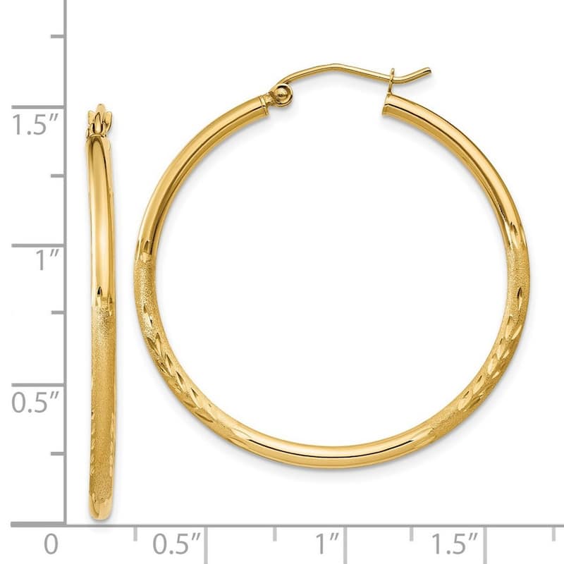Curata 14k Yellow Gold Satin and Sparkle Cut 30x2mm Round Hoop Earrings