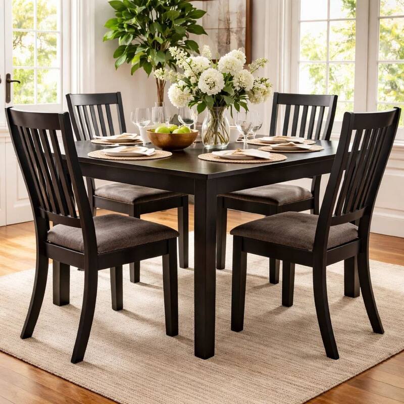 23 Inch Wood Dining Chair, Set of 2, Slatted Back, Cushioned Seat, Gray