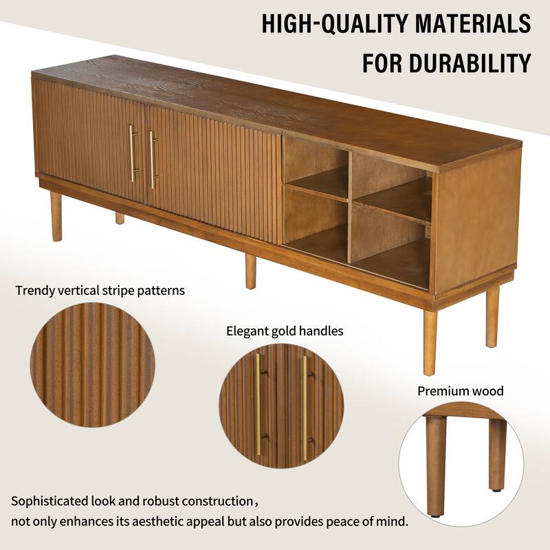 74.90" Wood TV Stand, Sliding Doors Media Cabinet with Gold Metal Handle, Media Console Table with Solid Wood Legs