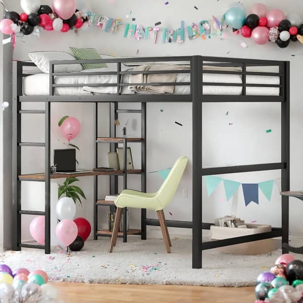 slide 2 of 9, Modern Full Size Loft Bed with Built-in Desk and Storage Shelves,No Box Spring Required for Bedroom Black