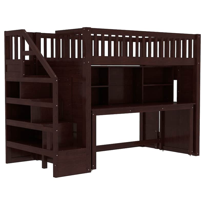 Roomfitters Loft Bed with Movable Desk and Storage Stairs, Solid Wood Workstation