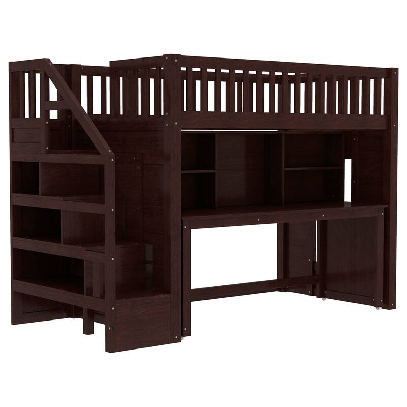 Twin Size loft bed with movable desk and storage shelf, featuring storage stairs