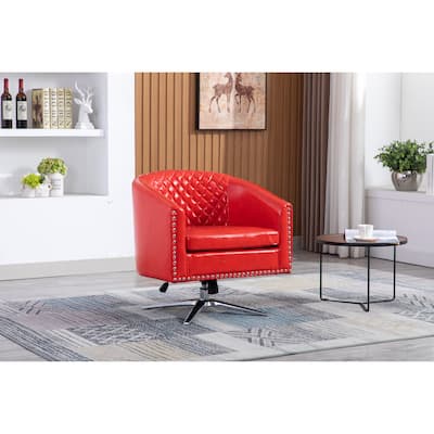 Polyester Swivel Barrel Chair with Nailheads and Metal Base