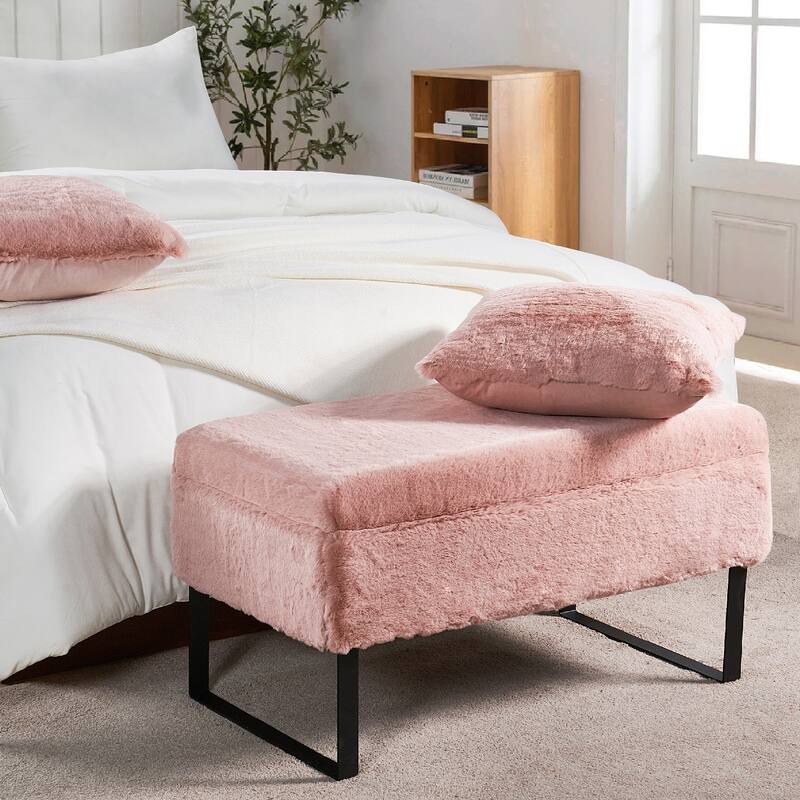 Heavy FauxFur Storage Ottoman with 2 Pillow Set