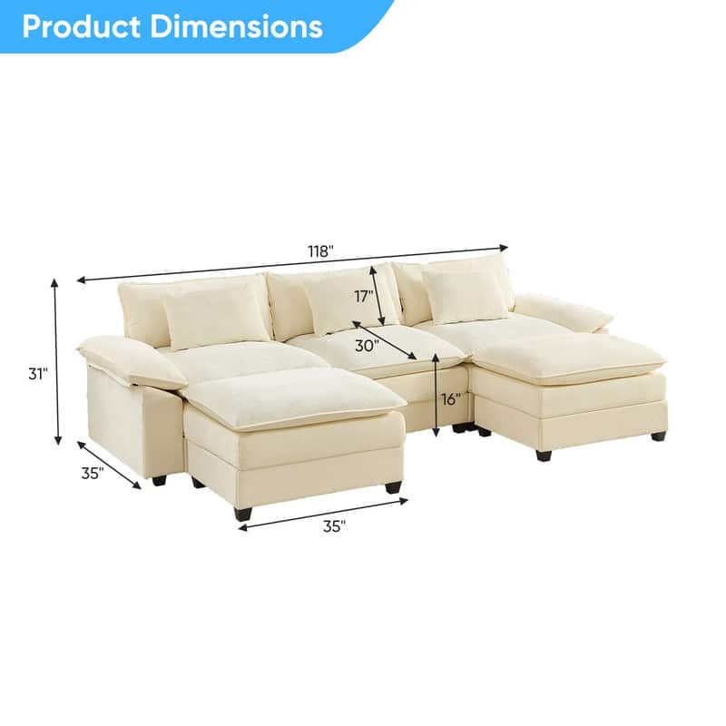 Modern 118'' U-Shaped Modular Sectional Sofa with 2 Ottomans, 5-Seat Cloud Couch, Modern Chenille Sofa Sleeper Deep Seat Couches