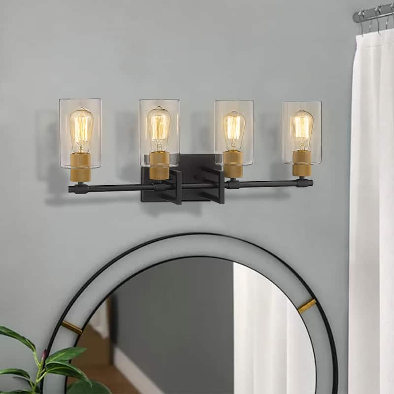 4-Light Bathroom Vanity Light ,Black and Antique Gold Finish with Clear Glass Shade - N/A