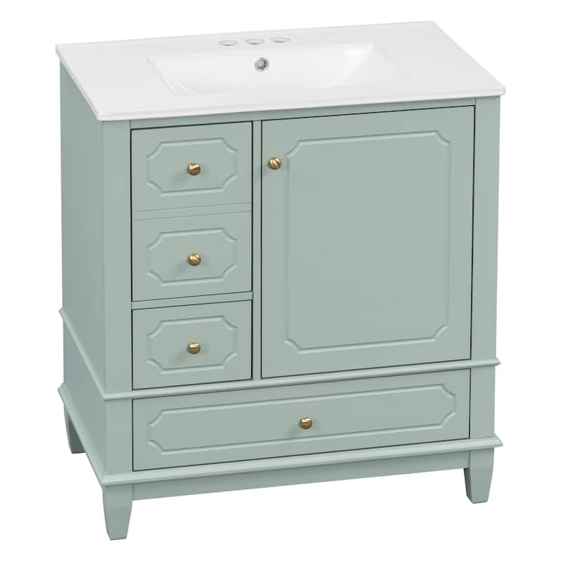 GDFStudio 30" Freestanding Bathroom Vanity with Ceramic Sink and Storage Drawers - 30" W x 18" D x 33.8" H