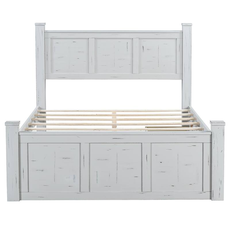 White Distressed Platform Bed Frame Wood Panel Bed w/ 3 Storage Drawers