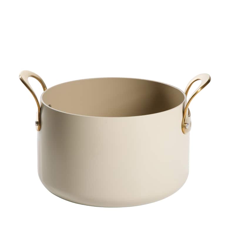 Bloomhouse 8Qt PFAS-free Ceramic Nonstock Stock Pot w/ Lid, Heavy-Duty Aluminum, Linen White, Gold Handles