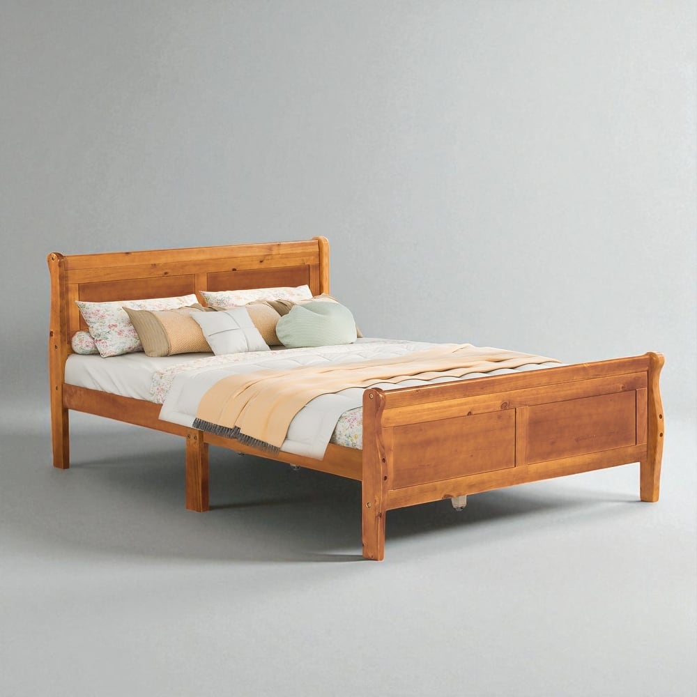 Full/Queen Size Wood Platform Bed Frame with Headboard, Slats, and Oak Finish, No Box Spring Needed