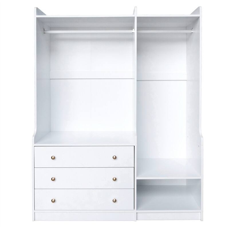 Open Style Wardrobe Closet with 3 Large Storage Drawers and Hanging Rods, Modern Armoire Clothing Organizer with Storage Shelves