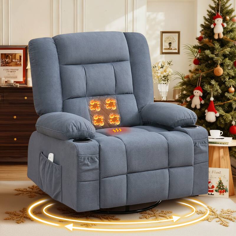 Oversized Massage Rocker Recliner Chair w/4-Point 3D Kneading Massage and Heat & 2 Cup Holders & USB Charge Port, for Bedroom - Blue