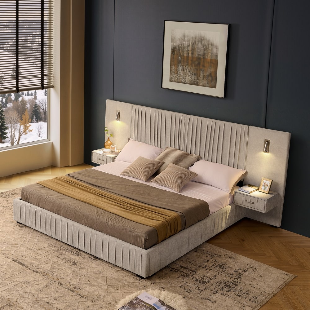 Pleating Upholstered Bed Platform Bed Frame with Enlarged Widened Headboard and Integrated Bedside Table Adjustable Bedside Lamp