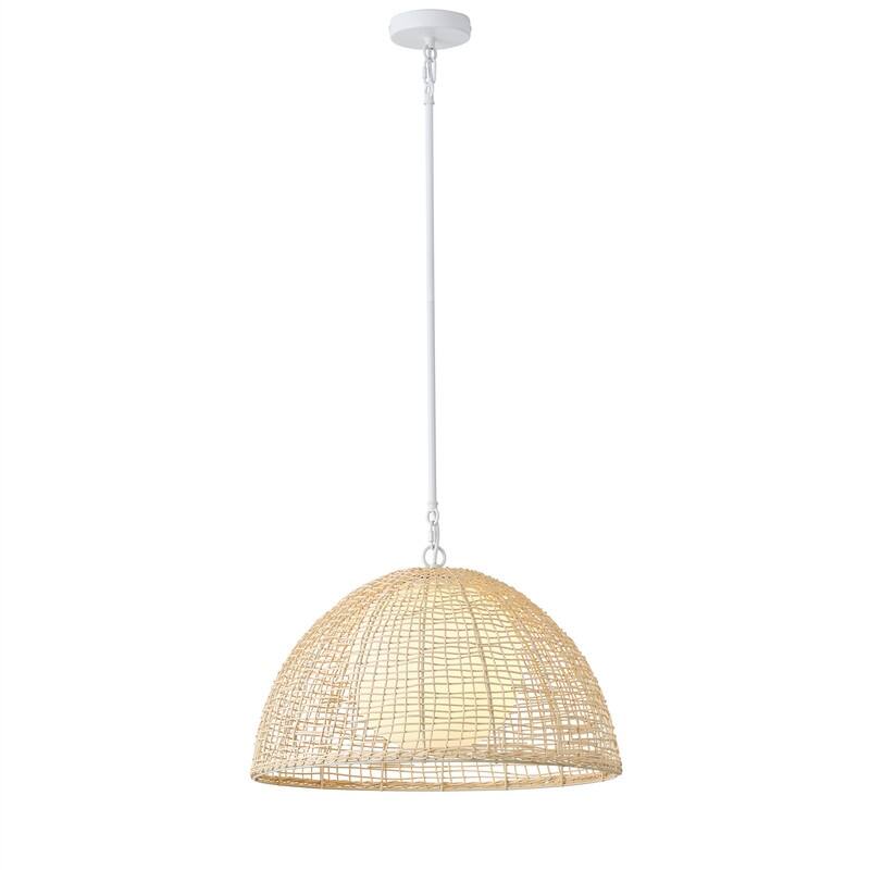 Modern 1 Light White Rattan and Frosted Glass Pendant Light Matte White Ceiling Fixture