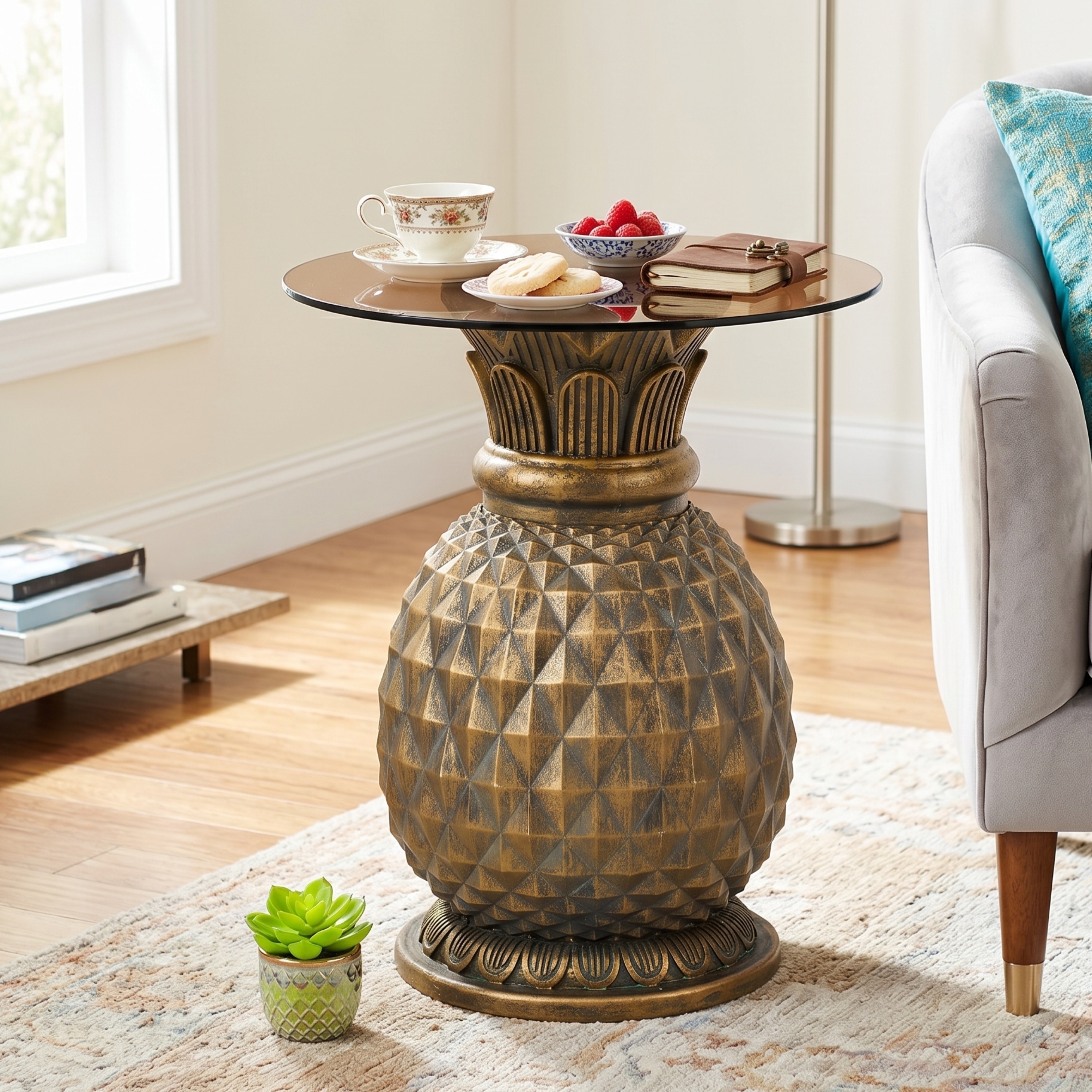 Christopher Knight Home - Outdoor Pineapple Side Table MGO with Tempered Glass Top