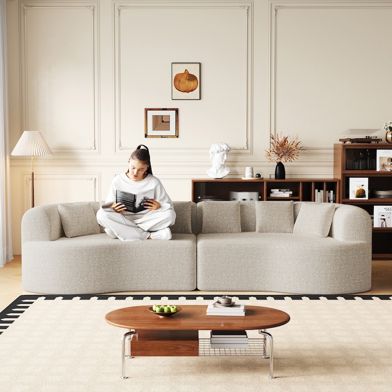 Chenille Deep Seat Curved Sectional Sofa, Modern Cloud-Like Modular Couch with 6 Throw Pillows for Living Room